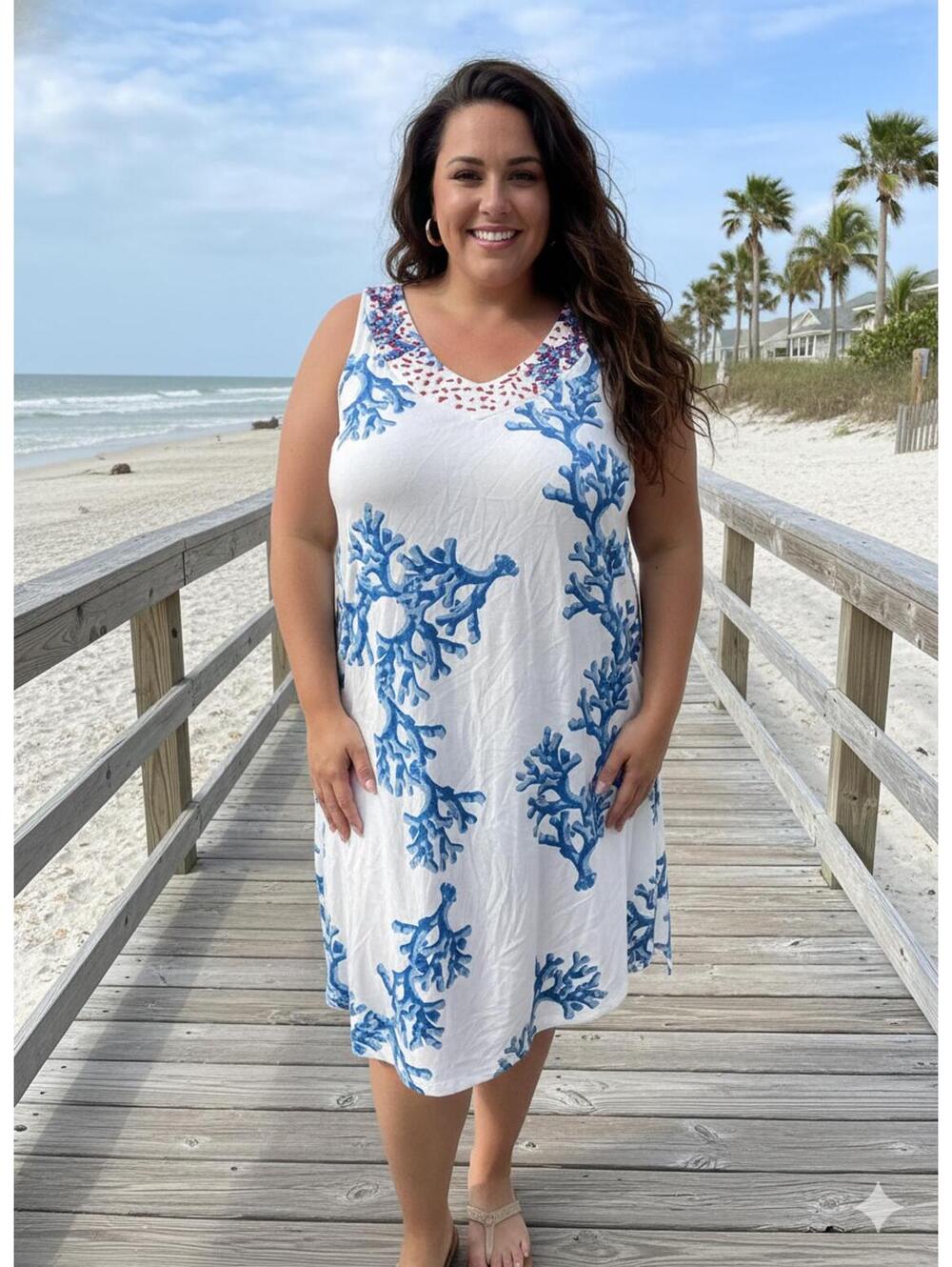 Soft Surroundings Sleeveless White Midi Dress Blue Sea XL